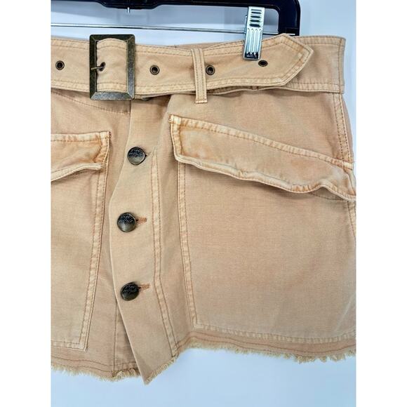 Free People Mini Skirt Womens Size 10 Tan Button Front Belted Utility Fringe - Picture 4 of 11
